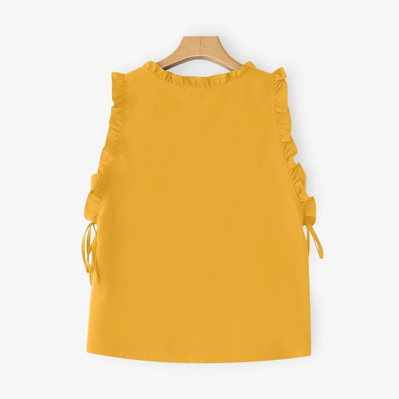 ZANZEA Women Tank Tops 2025 Summer Bandage Casual Loose Tees Sexy Sleeveless Solid Color Shirts Round Neck Ruffled Blusas Tops