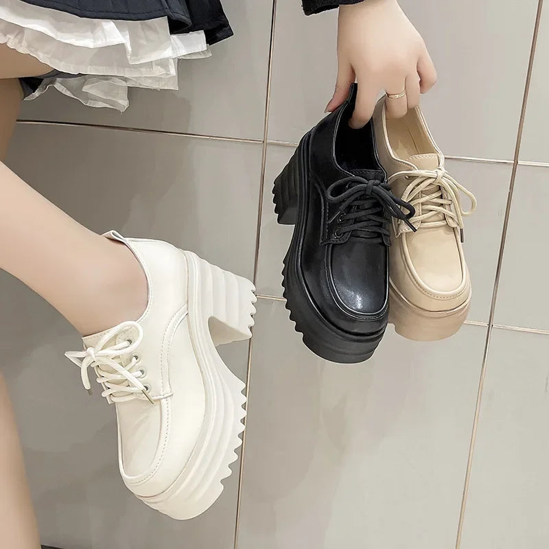 Gothic Chunky High Heels Loafers for Woman New Leather Platform Loafers Female Solid Color Thick Heeled Lolita Shoes 2024