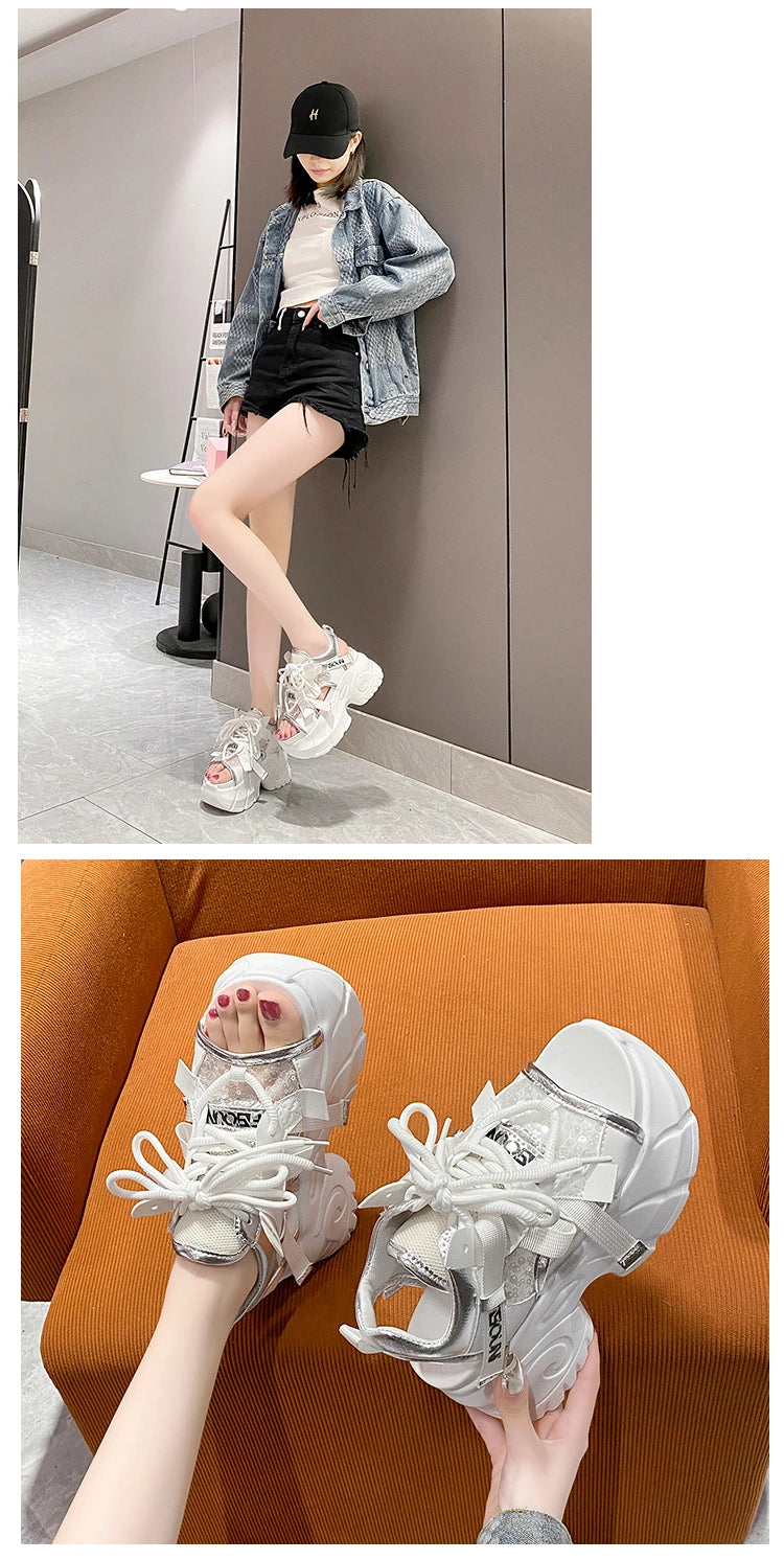 New High Platform Sandals Woman Summer Mesh Chunky Sneakers Female Wedges Slippers For Women Peep Toe Sandalia Feminina 8.5CM