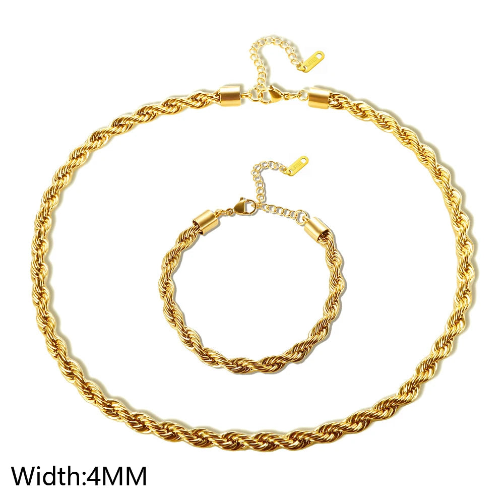 316L Stainless Steel Gold Color Chain Necklace Bracelets For Women Girl Fashion Non-fading Lady Jewelry Set Accessories