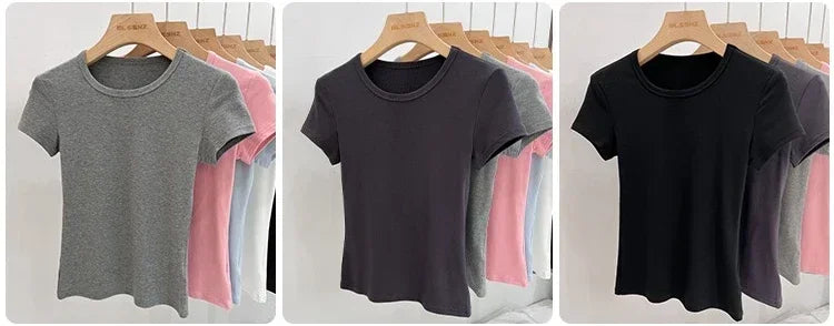 AOSSVIAO 2026 Summer White Cotton O Neck T-shirt Student Short Sleeve Versatile Tops Solid Slim Fit T Shirts Y2k Tee