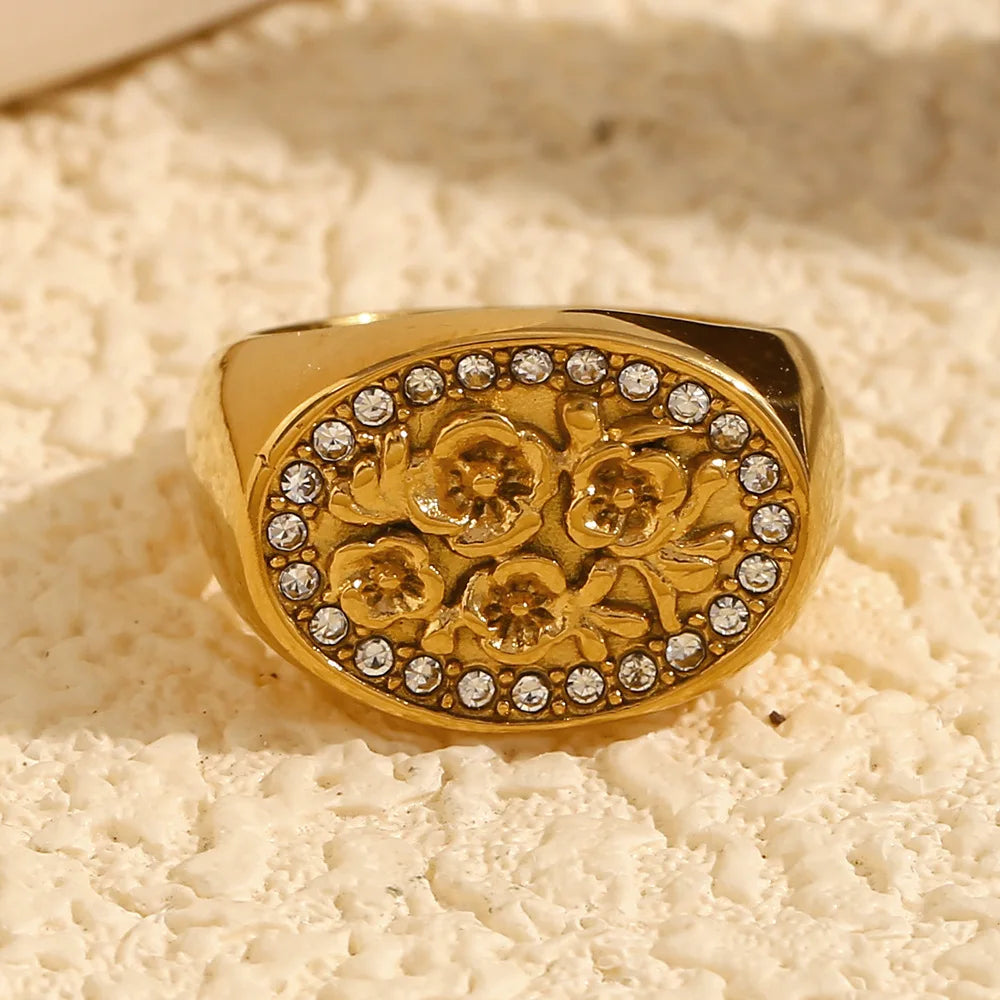 Glossisland Stainless Steel Flower Zircon Ring Plated 18k Gold Color Non Tarnish Waterproof Trendy Jewelry Ring for Women Gifts