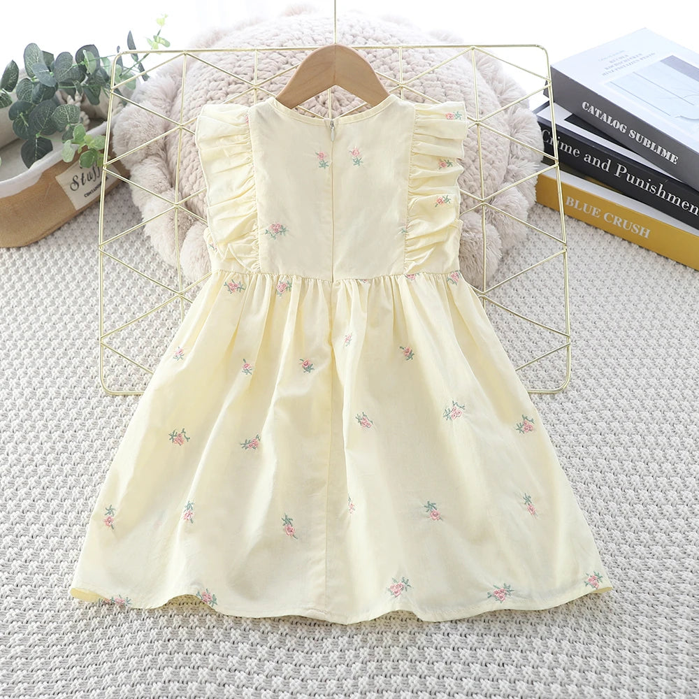 Summer Girls' Solid-color Flying Sleeve Princess Dress Round-neck Embroidered Casual Dress Children's Clothing