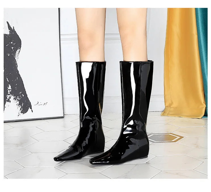 BIGTREE New Black Wedge Heels Women Modern Boots Female Shoes 2025 Fashion Luxury Pointed Toe Ladies Long Knee Western Boots