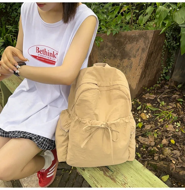 Japanese Style Student Backpack Solid Color Bow Travel School Bag Lightweight and Fashionable Women's Backpack New Simple Casual