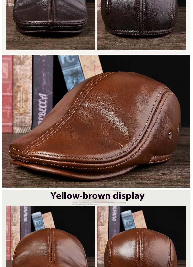 2025 Genuine Leather Beret Hat for Men Warm Windproof Winter Cap Fashion Gentleman Peaked Cap Vintage Stylish Driver Hat Gift