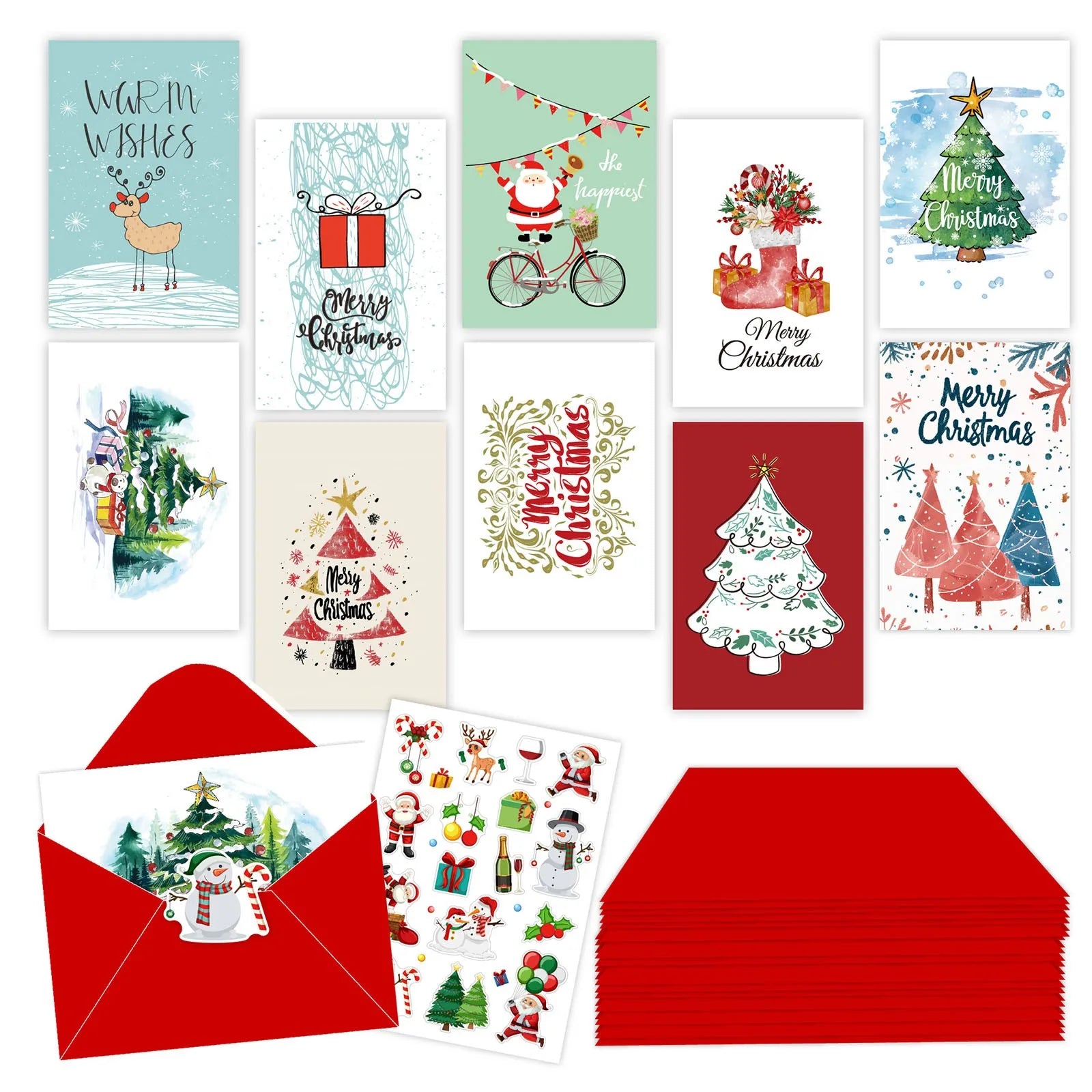 10pcs/1set Merry Christmas Fold Greeting Cards With Envelopes Navidad New Year Postcard Diy Gift Card Xmas Party Decoration