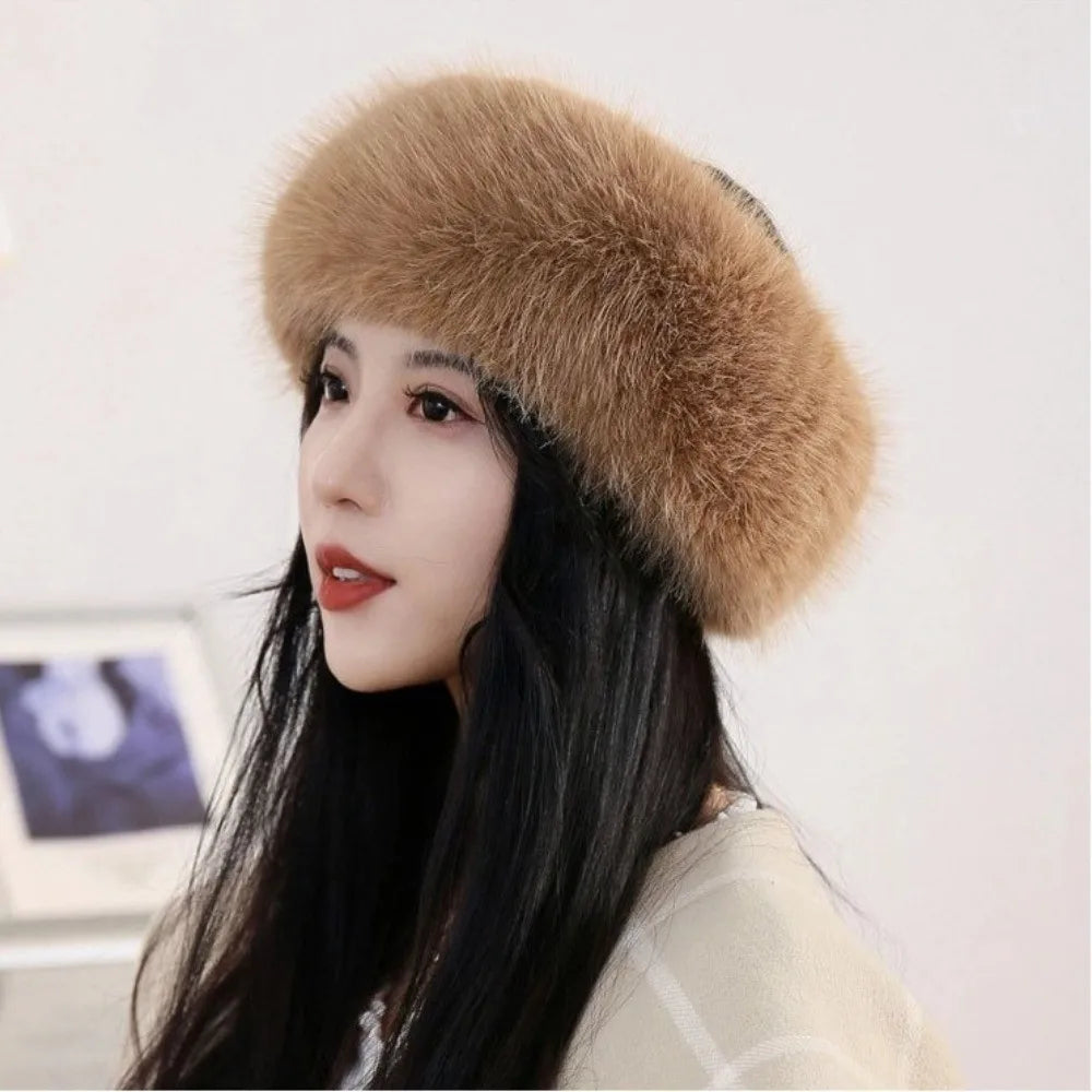 Fashion Thick Turban Hat Keep Warm Solid Color Wide Headwrap Imitation Fox Fur Elastic Ski Hats Winter