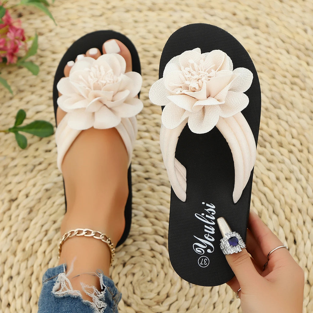 36-44 Women's Handmade Flower Decorated Flip Flops Slippers for Beach Vacation Casual Comfortable Flat Sandals Red Shoes