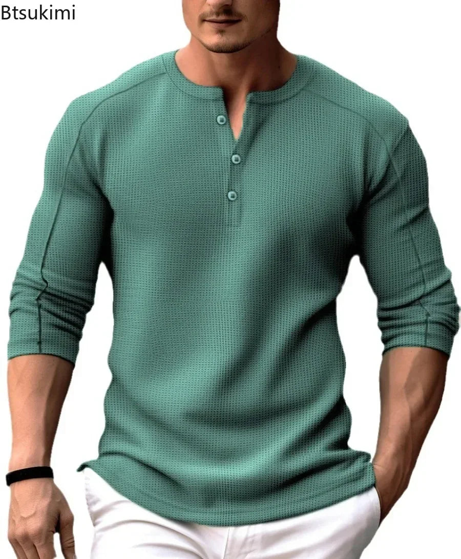 2026 Fashion Men's Waffle Long Sleeve T-shirt Solid Casual Men Henry Collar Tees Pullover Spring New Male Comfort Ventilate Tops
