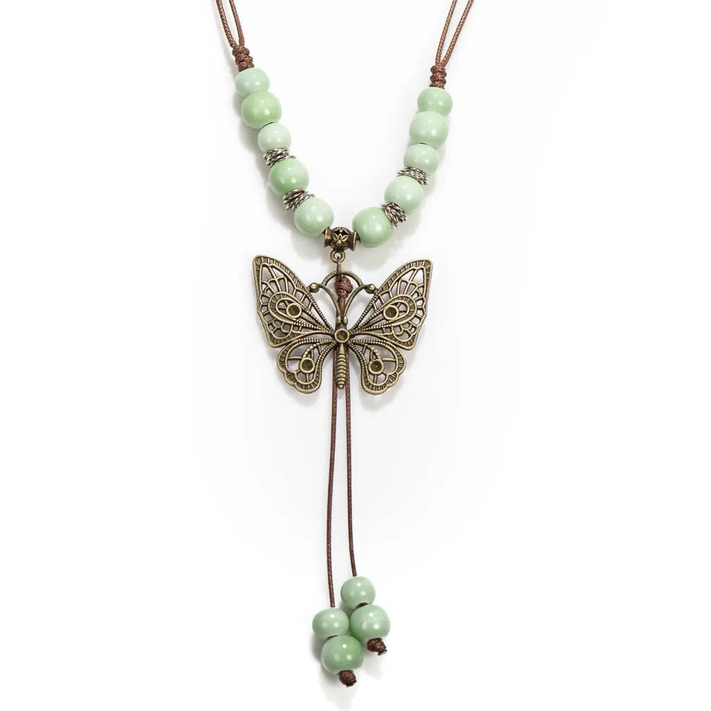 Bohemian Vintage Butterfly Necklace, Ceramic Beads, Adjustable Pendant, DIY Gift, Drop Shipping, XPF001