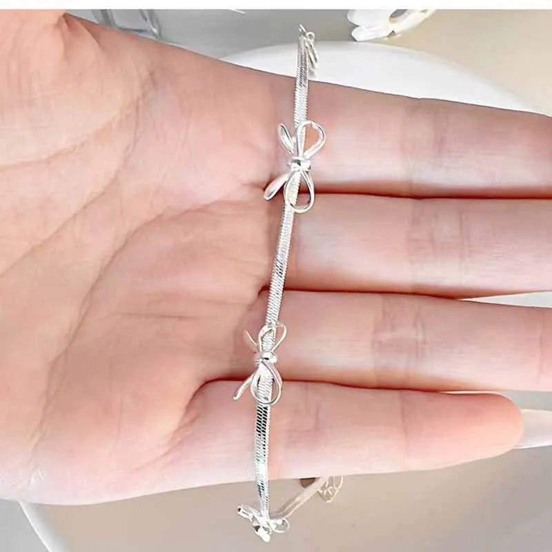 New 925 Sterling Silver Bow Bracelet Simple Personality Charm Geometric Shape Bracelet Birthday Gift Women's Exquisite Jewelry