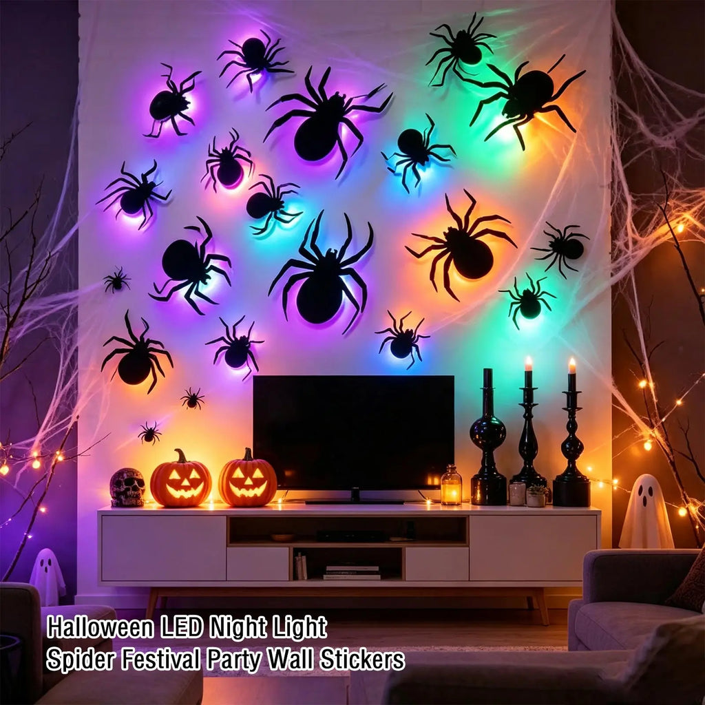 Halloween LED Night Light Spider-Themed Decals Glowing Spider Wall Sticker Party Holiday Decor Home Window Wall Decoration