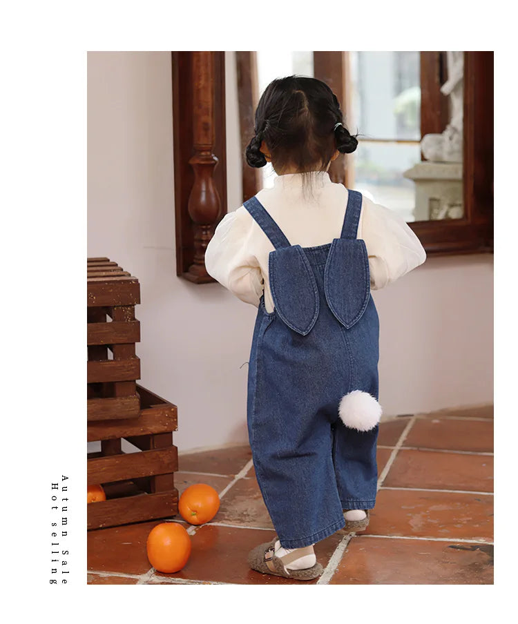 2025 Autumn New Baby Girls Cute Rabbit Ears Denim Overalls Solid Infant Sleeveless Jumpsuit Toddler Casual Strap Jean Trousers