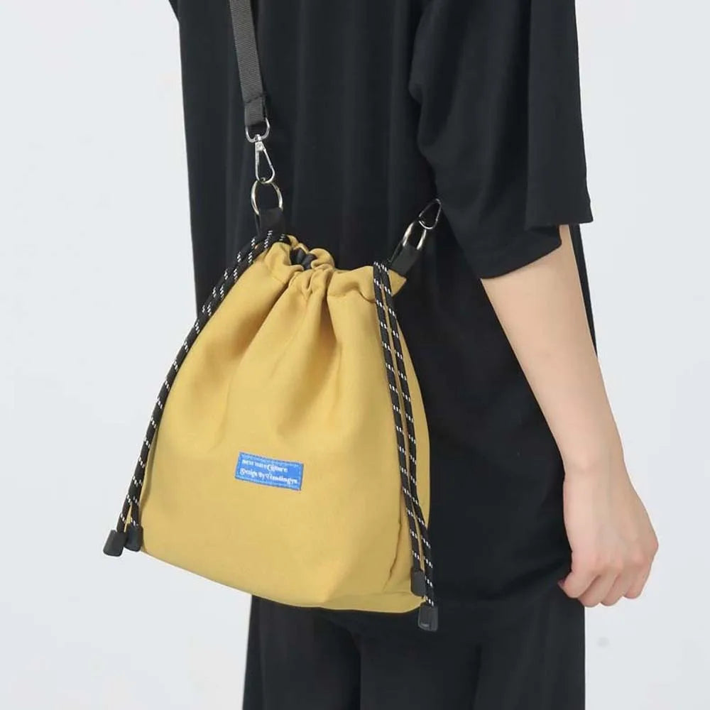 INS Nylon Drawstring Bucket Bag Casual Adjustable Korean Style Shoulder Bag Portable Black/White/Yellow Men Crossbody Bag Travel