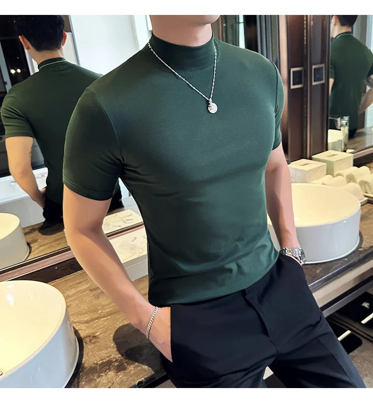 Spring Summer Men's Half High Neck Short Sleeve T-shirt Korean Slim Fit Solid Color Bottom Shirt Casual Cotton Elastic T-shirts