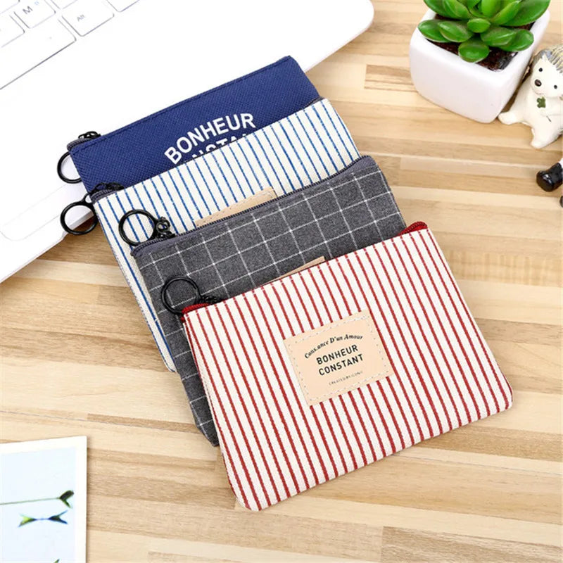 Cute Wallet Women Fabric Key Coin Purse Cartoon Square Mini Coin Pouch Letter Striped Print Zipper Canvas Bags for Girls