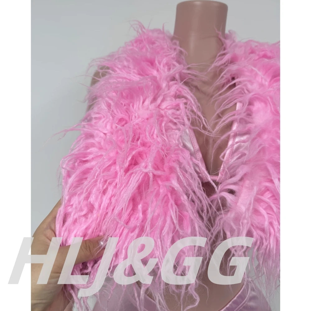HLJ&GG Fashion Y2K Fur Hollow Out Streetwear Women Sleeveless Slim Crop Top And Shorts Outfits Female Trend 2pcs Outfits 2025