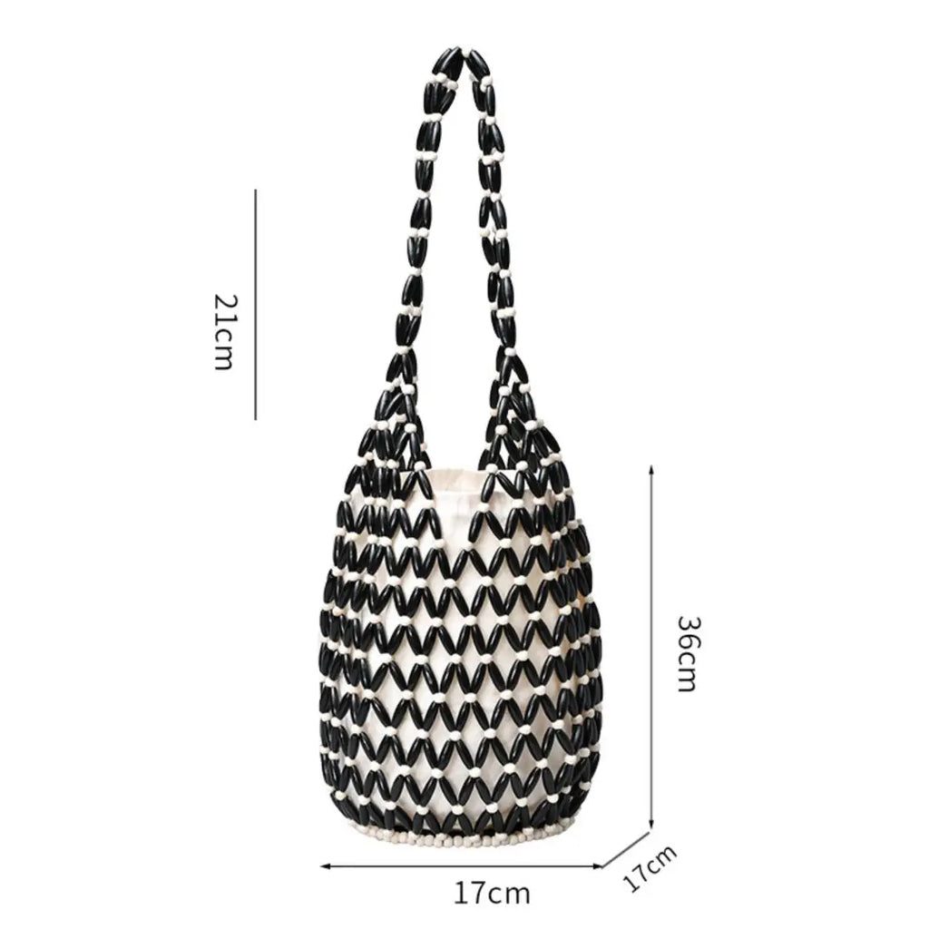 Summer Boho Style Hollow Out Woven Bag for Women Fashion Wooden Beads Shoulder Bag Seaside Holiday Mesh Bucket Tote Bags Bolsa