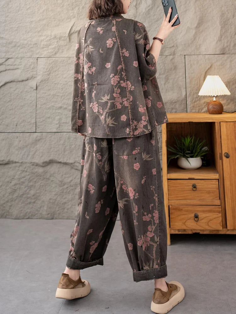 AmaxluluE 2025 Summer Women Denim Suits Loose Printed Two Pieces Sets Floral Outfit O Neck Tops Tees Vintage Jeans Fashion Pants