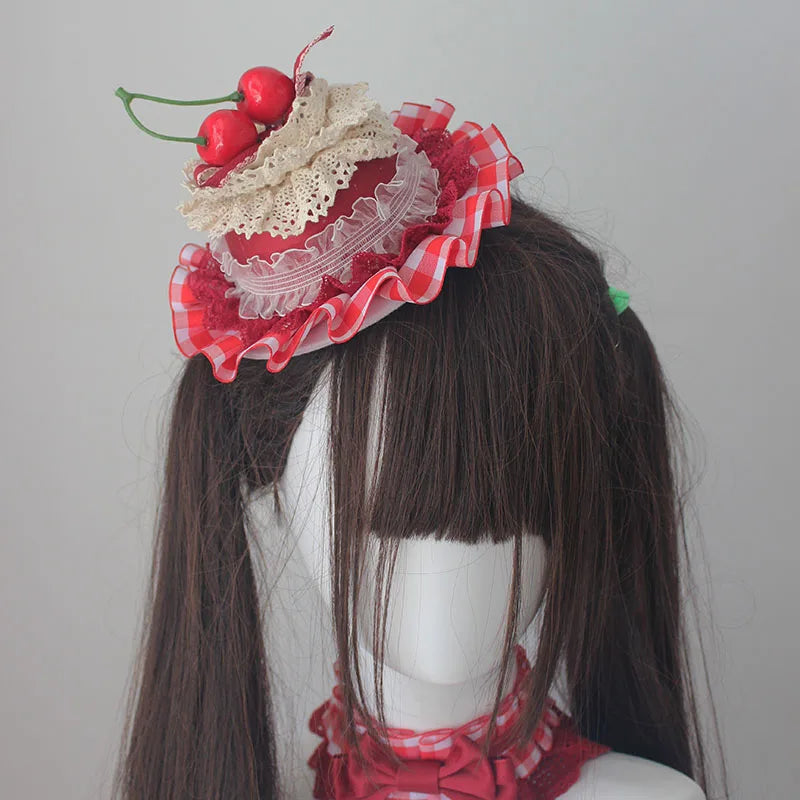 Lolita Sweet Plaid Bow Burgundy Hair Clip Hair Accessories Women Embroidery Lace Stitching Pleated Cake Top Hats Headgear Female