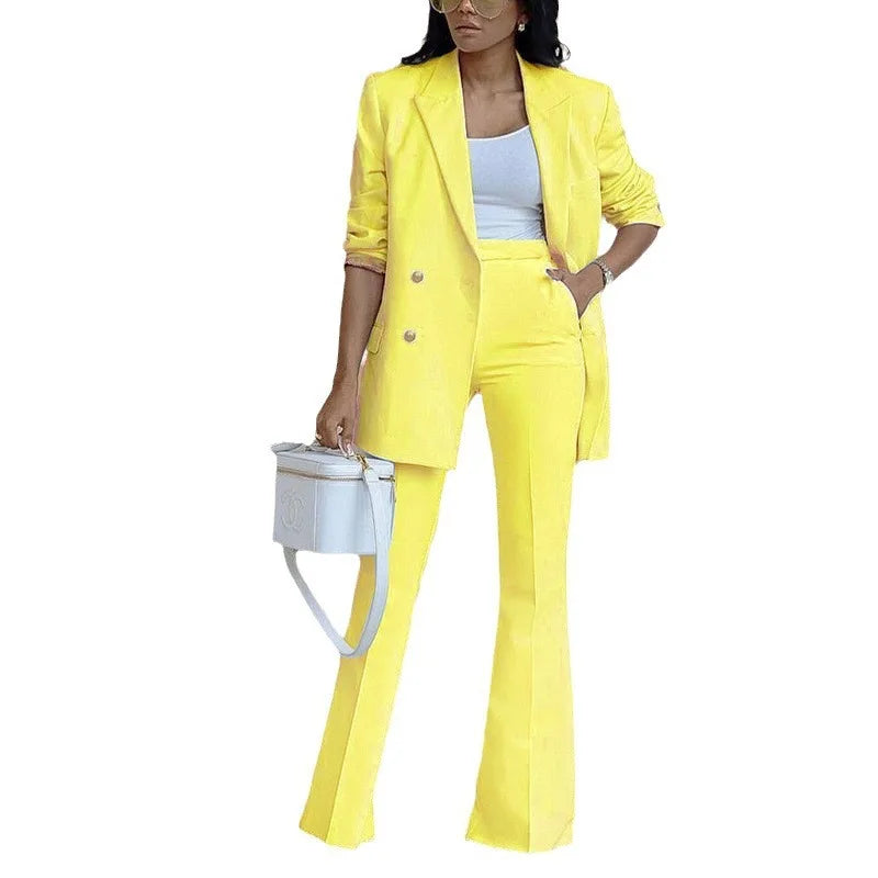 Fashion Wide-leg Trousers Women Blazer Set Autumn Winter Double-breasted Long Suit Coat Trousers Female Suit Office 2-piece Set