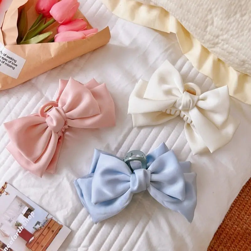 Cream Large Bow Hair Clip Claw for Women Korean Style elegant shark clip Fashion Girls Hair Clamp