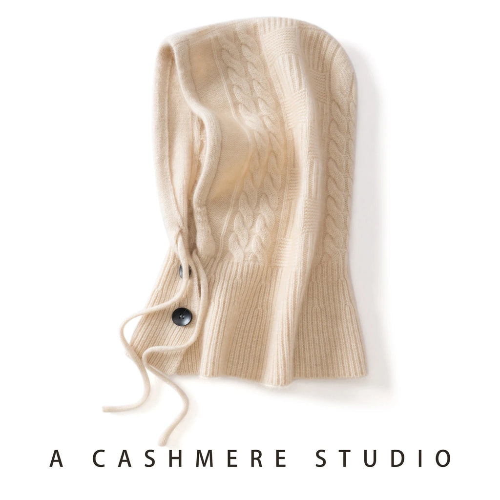 100%Quality Cashmere Balaclava Hoods For Women Warm Ring Scarf Beanie Hat Windproof Hooded Button-up Neck Collar Knitted Hat