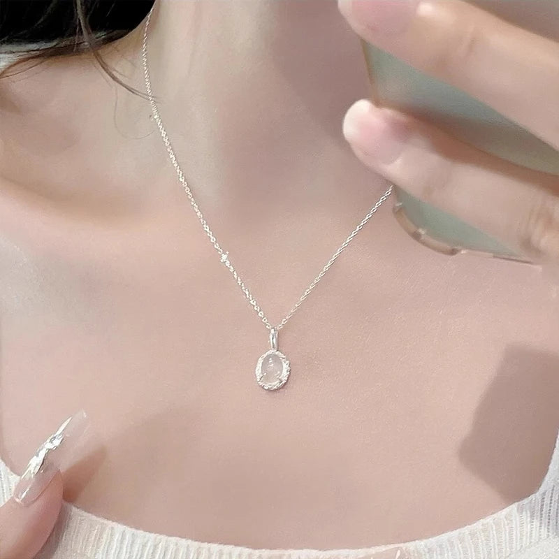 925 Sterling Silver White Jade Necklace Women's New Fashion Sweet Collarbone Chain Oval Pendant Simple Temperament Jewelry