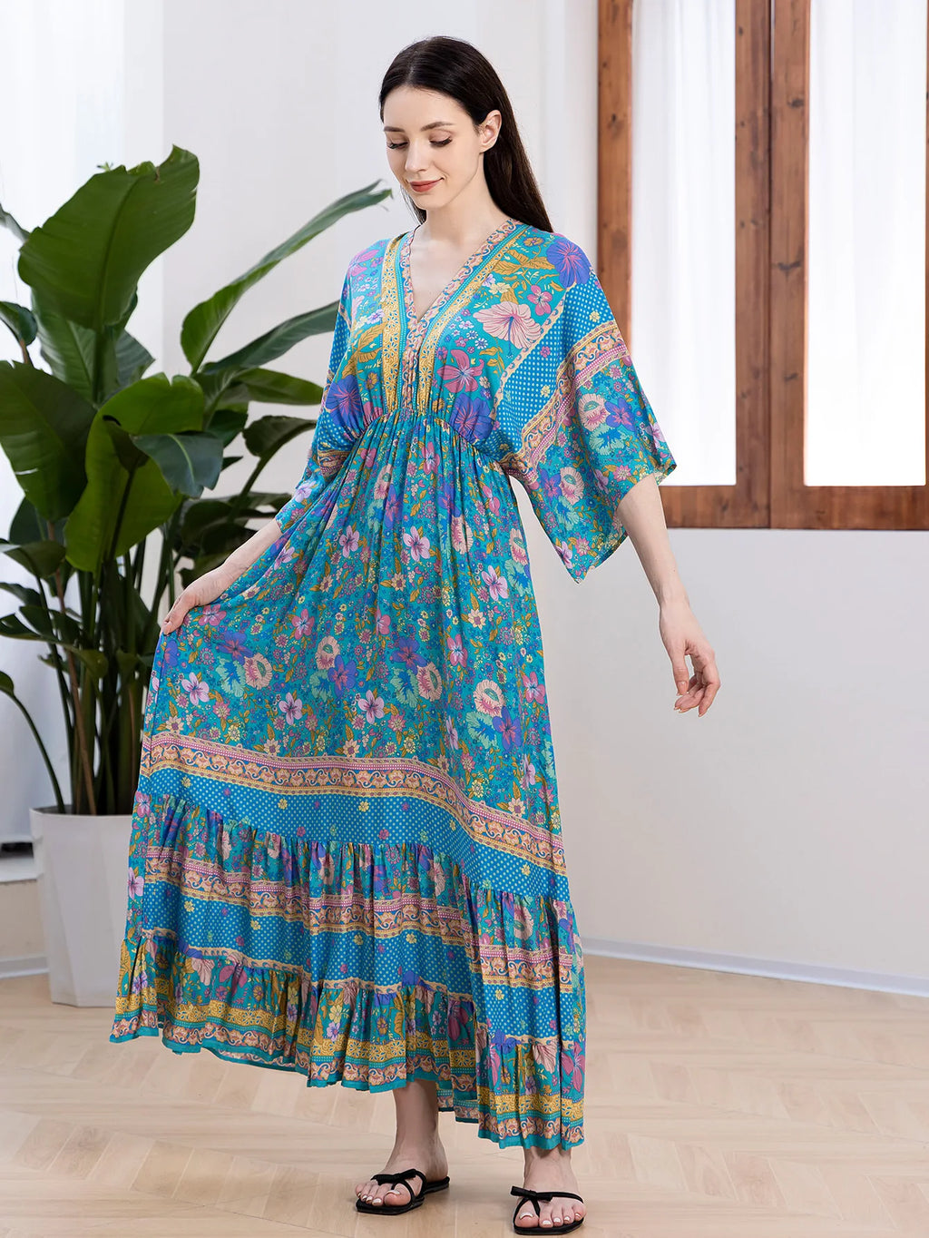 Bohemian Oversize Loose Elastic Waist Maxi Dresses Women Robe Cotton Rayon Floral Printed Long Dress Summer Boho Beach Cover up