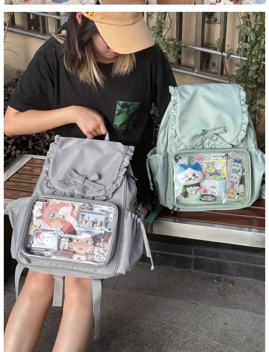 Original Two-dimensional Cute Transparent Large-capacity Backpack Women Sweet Bow Rabbit Ears Bags Preppy Style Kawaii Backpacks