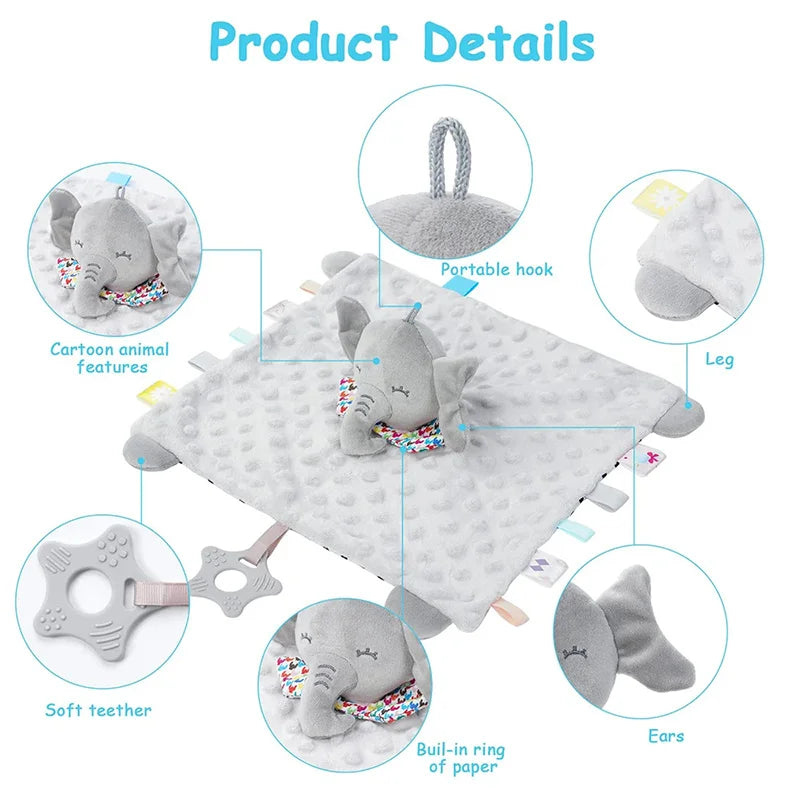 Personalised Baby Elephant Security Blanket Organic Cotton Comforter with Silicone Teether Infant Shower Gift