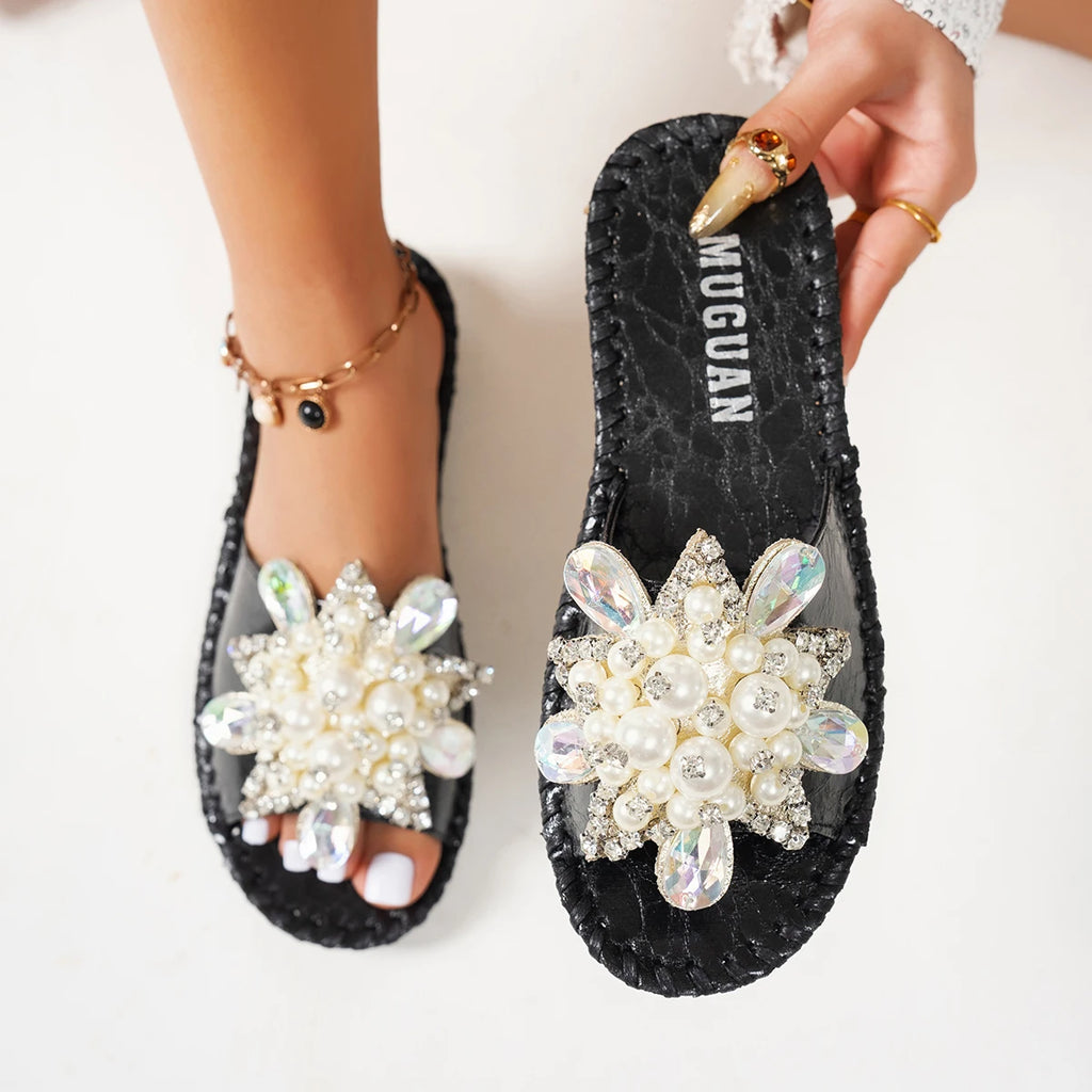 Aphixta New Gold Crystal Flower Slippers Women Summer Round Toe Shoes Outdoor Flat Heel Bling Slides Big Size43 Luxury Flip Flop