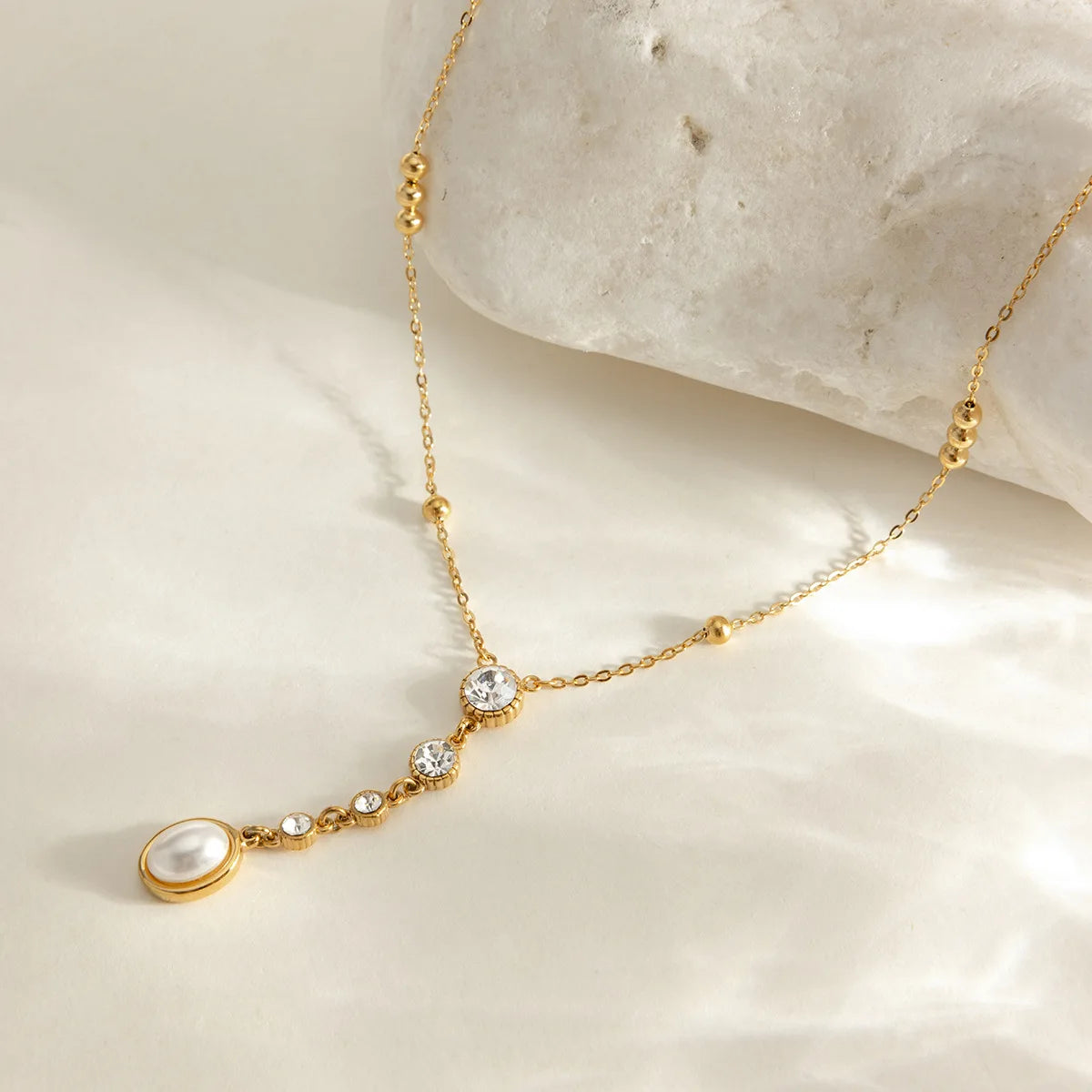 Ars 18k Gold Plated Stainless Steel Y Necklaces Pearl Tassel Necklaces Women's Multi Zircon Lariat Necklace Jewelry Gift for Her