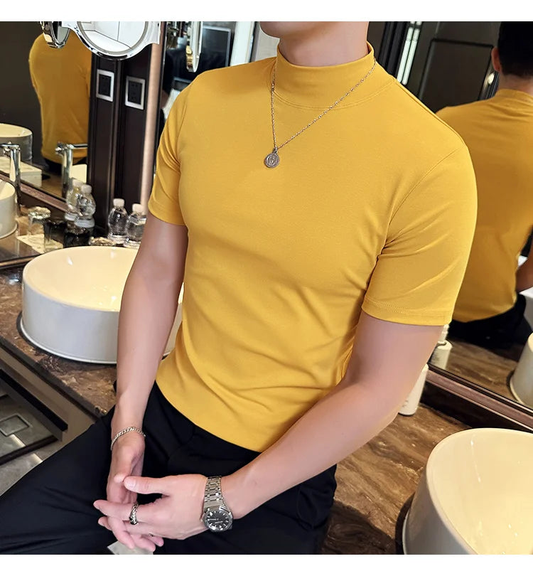 Spring Summer Men's Half High Neck Short Sleeve T-shirt Korean Slim Fit Solid Color Bottom Shirt Casual Cotton Elastic T-shirts