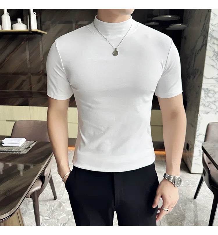 Spring Summer Men's Half High Neck Short Sleeve T-shirt Korean Slim Fit Solid Color Bottom Shirt Casual Cotton Elastic T-shirts