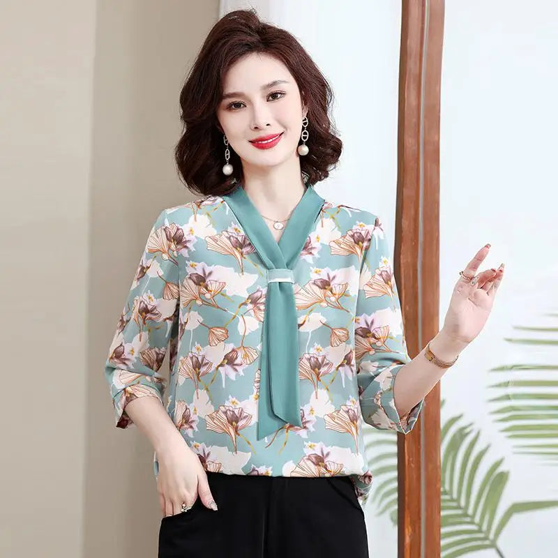 Fashion Printed Spring and Autumn shawl collar Women's Fashion Floral Checked Mid Sleeved Loose Chiffon Tops