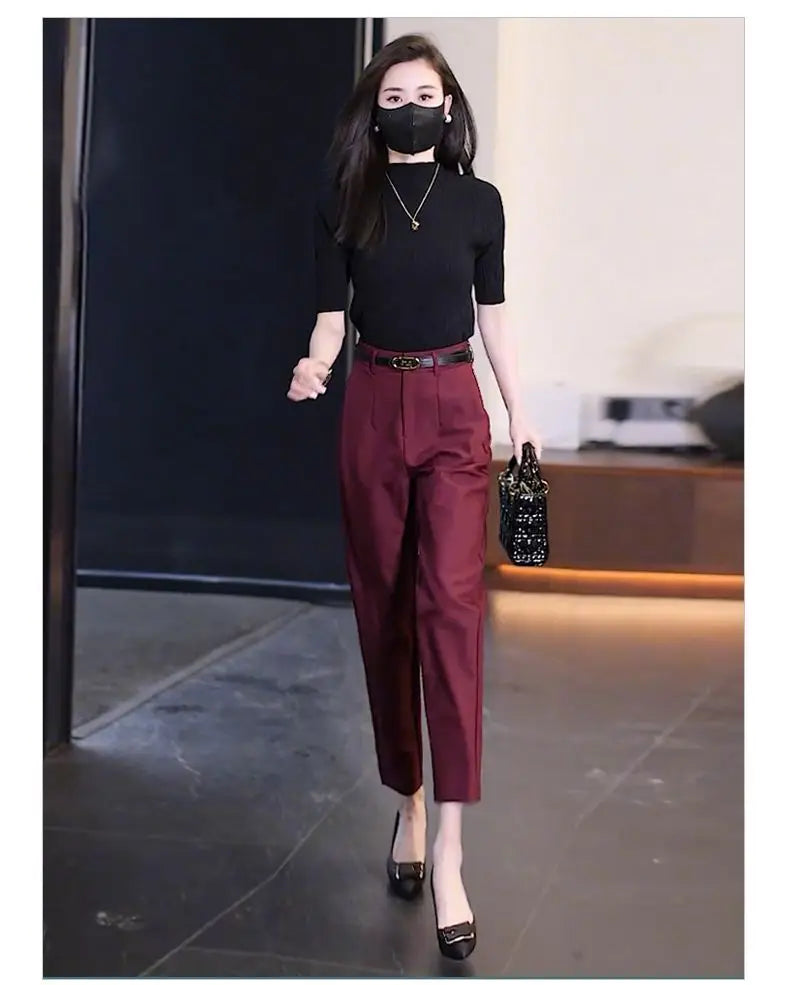 Office Lady Korean Fashion Women Suit Pants Spring Autumn Solid Slim Pencil Streetwear Casual High Waist Harem Cropped Trousers