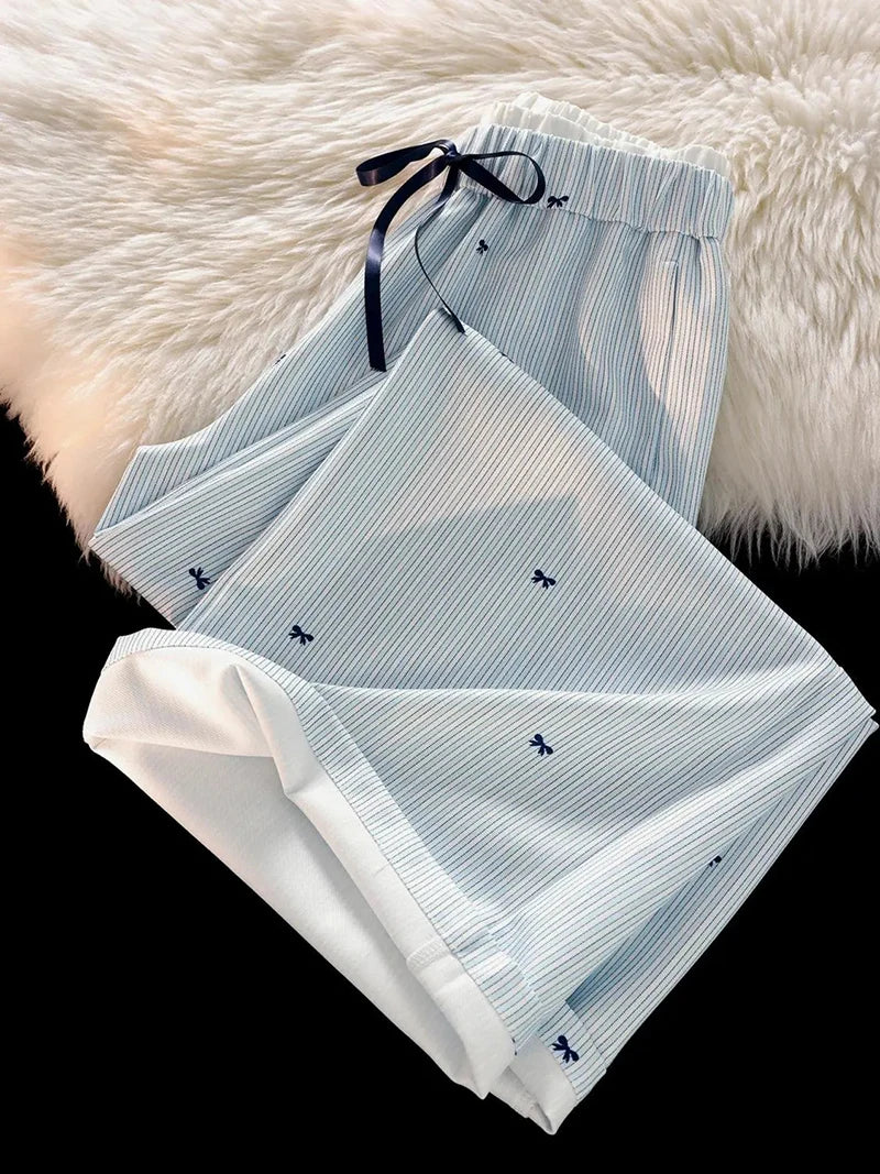 Zoki Sweet Bow Striped Pants Women High Waist Korean Casual Wide Leg Trousers Elegant Fashion Loose Cute Female Spring Pants New
