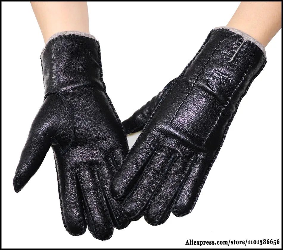 Men's and Women's High-end Buckskin Goat Leather Gloves Autumn and Winter Thin Warm Knitted Wool Lining Driving Leather Gloves