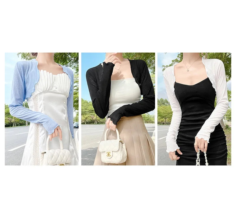 Womens Ruffle Long Sleeve Cropped Evening Shrug Open Front Bolero Tops Cardigan Long Sleeve Short Coat Cover-ups