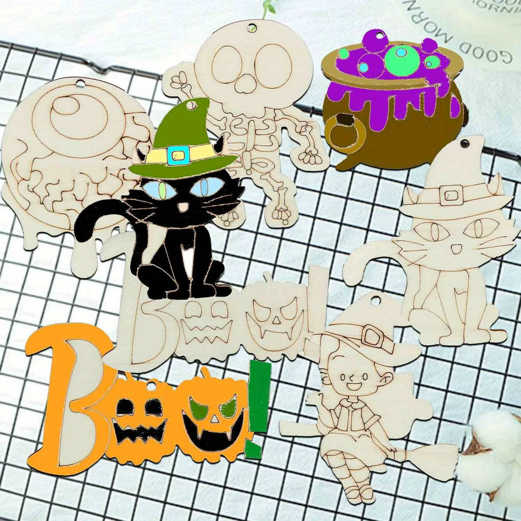 12pcs Wooden Halloween Unpainted Hanging Crafts Cartoon Witch/Cat Ornament for Halloween Decoration DIY Painting Gifts Supply