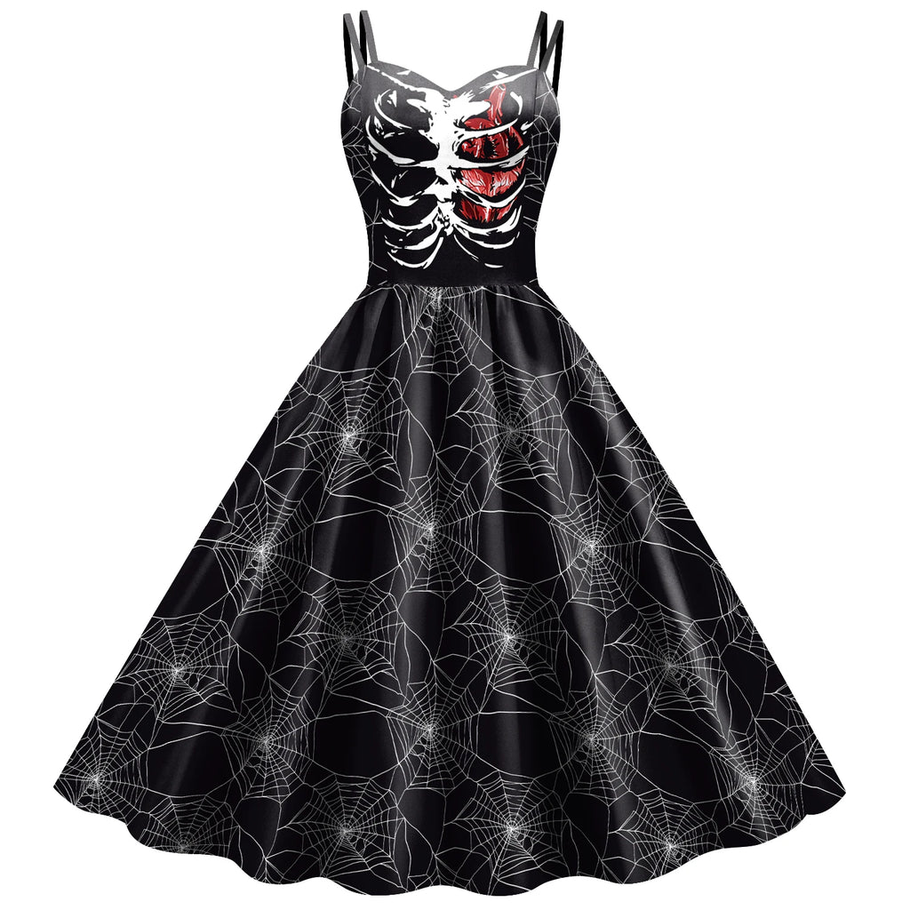 Halloween Gothic Costume Women Strap Swing Dress Skeleton Rib Heart Spiderweb Print Ladies Carnival Masquerade Outfits