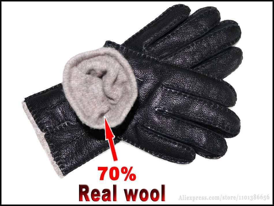 Men's and Women's High-end Buckskin Goat Leather Gloves Autumn and Winter Thin Warm Knitted Wool Lining Driving Leather Gloves