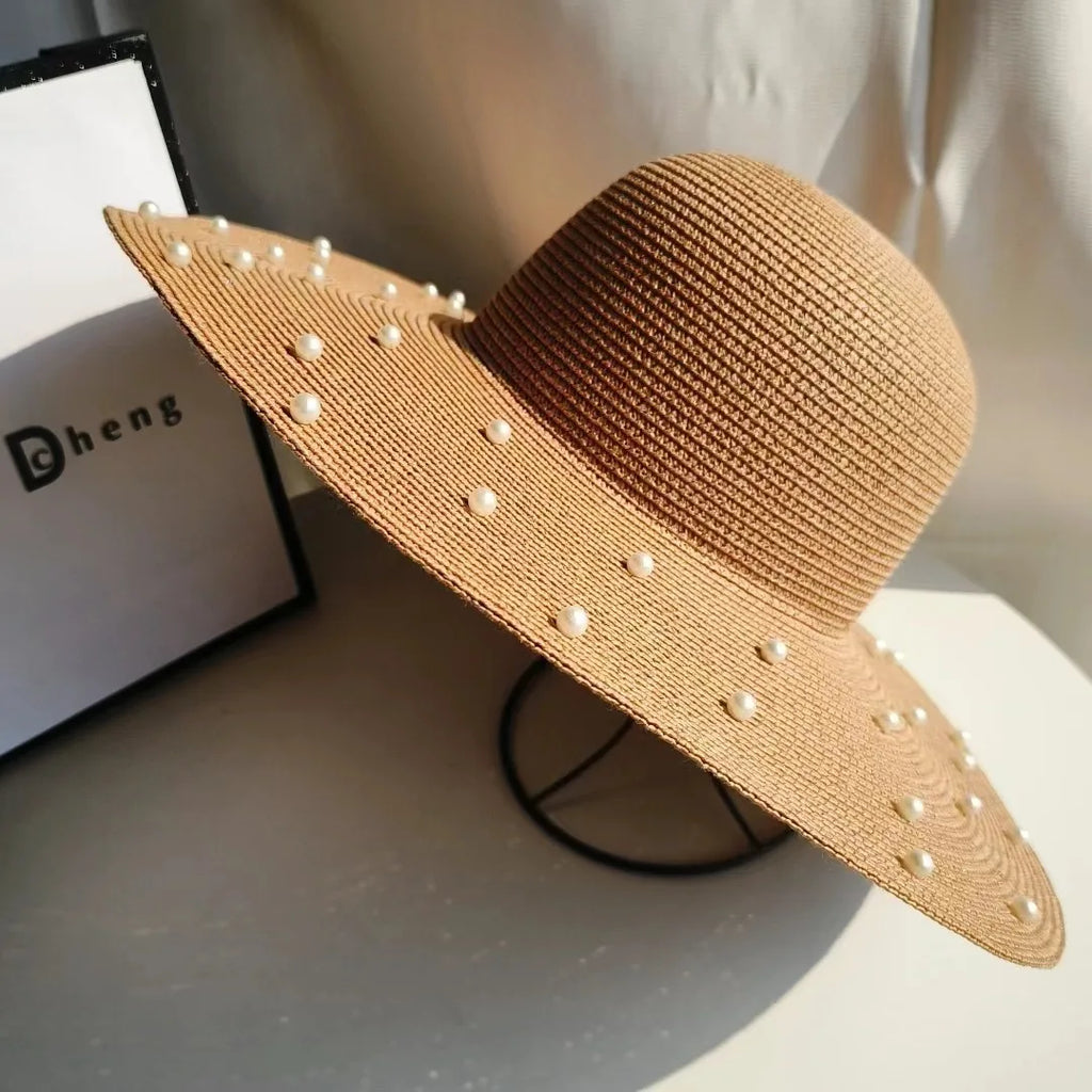 Hand made Pearl Straw Hat For Women's Summer Wide side Jazz Dress Cap Holiday Sun Protection Beach Hats