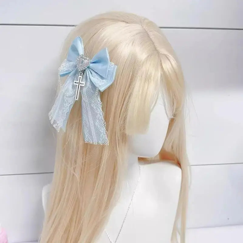 Pinzas de lazo bonitas estilo Harajuku Y2K estético Lolita con cadenas cruzadas góticas negras, azules, blancas y dulces de encaje para el pelo para niñas y mujeres