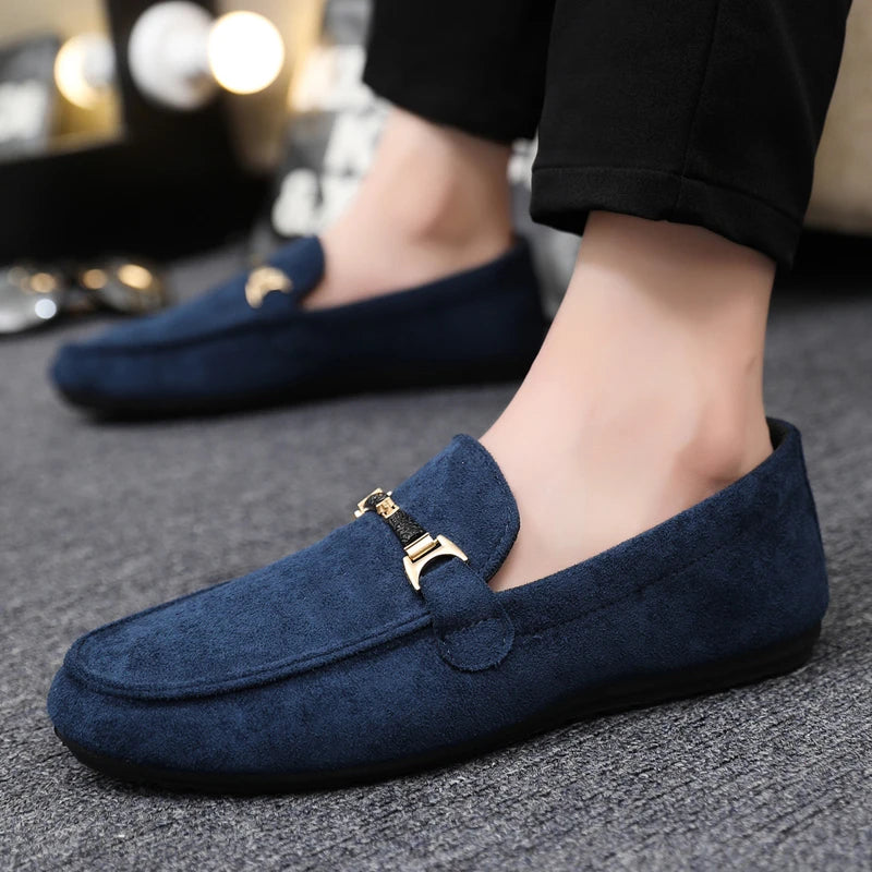 Spring Summer Blue Suede Loafers Men Slip On Soft Moccasins Breathable Flats Driving Shoes Men Leather Casual Shoes Handmade