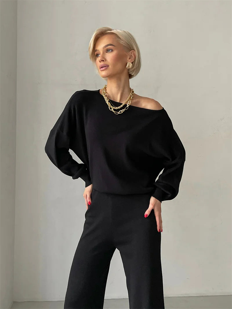 Elegant Winter Knit Pants Set Woman Sexy Loungewear 2 Piece Sweater Matching Sets Women Casual Knitted Two Piece Sets Women 2024