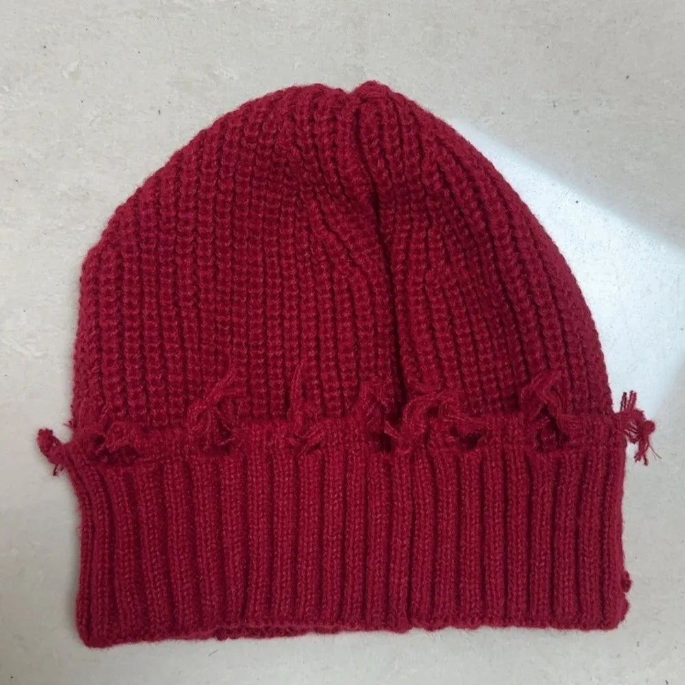 Solid Color Dilapidated Hole Knitted Hat Thickened Ear Protection Warm Cap Beanie Cap Hip-Hop Hat Unisex Pompoms Hat
