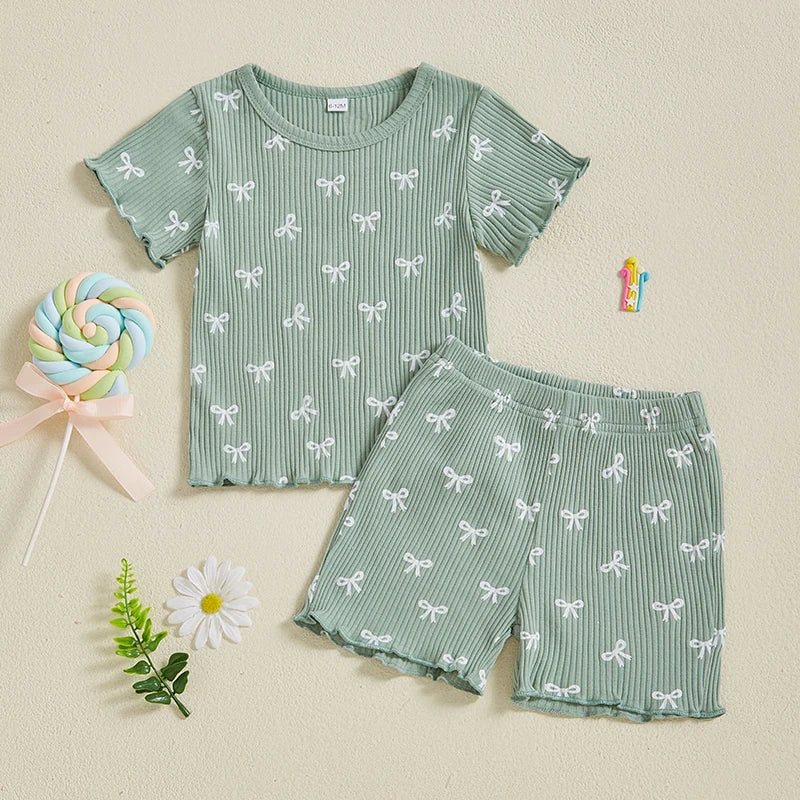 2024-12-09 Lioraitiin Toddler Baby Girl Bow Ribbed Outfit Lettuce Trim Short Sleeve Tops Elastic Waist Shorts Summer Set
